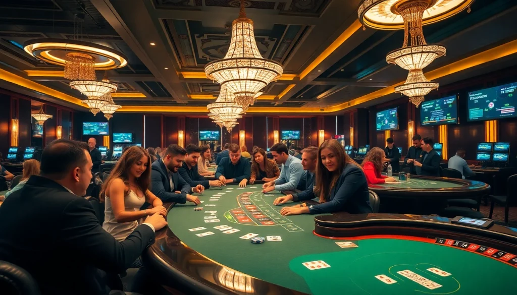 KUWIN players celebrating a win at a vibrant casino table, surrounded by poker chips and roulette wheels.