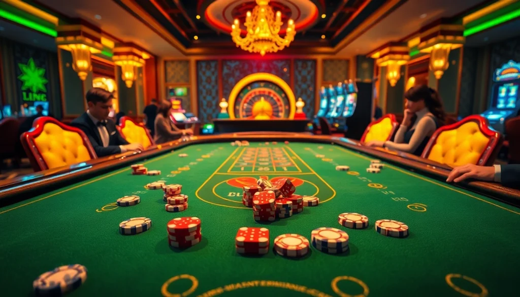 Dive into the thrill of Link tài xỉu, where players wager chips and roll dice at an opulent casino table.
